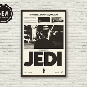 K&ouml;nnte beinhalten: Ein Schwarzwei&szlig;-Poster f&uuml;r den Film "Die R&uuml;ckkehr der Jedi-Ritter" mit einer Szene, in der Darth Vader und Luke Skywalker mit Lichtschwertern k&auml;mpfen. Der Text "Zur&uuml;ck in eine weit, weit entfernte Galaxie" steht oben auf dem Poster. Der Text "Die R&uuml;ckkehr der Jedi-Ritter" steht in gro&szlig;en, fetten Buchstaben unten auf dem Poster.