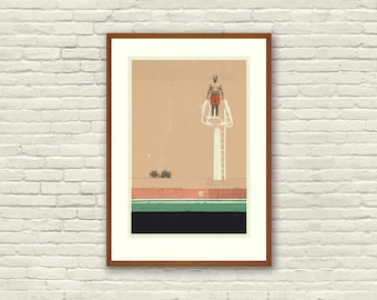 BILL MURRAY - Wes Anderson Poster, Rushmore, Herman's High Dive, Lithograph Art Print, Mid-Century Modern, Coral, Vintage