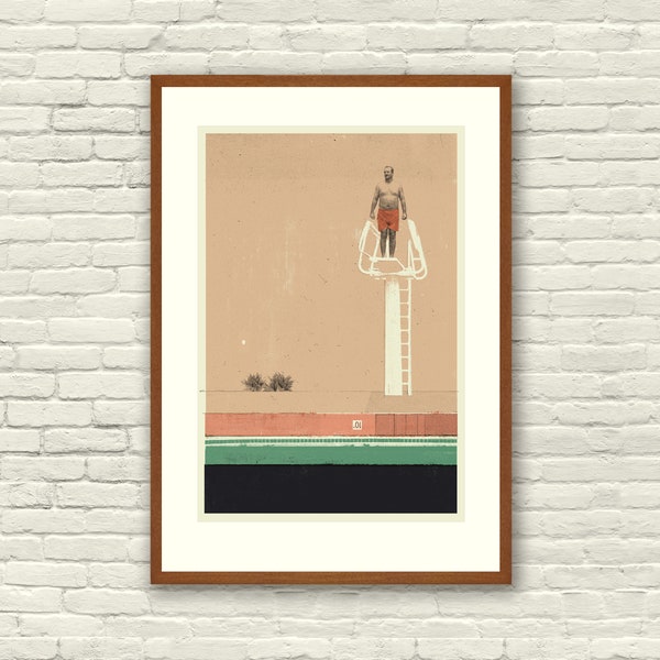 BILL MURRAY - Wes Anderson Poster, Rushmore, Herman's High Dive, Lithograph Art Print, Mid-Century Modern, Coral, Vintage