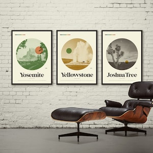 NATIONAL PARK Posters - YOSEMITE, Yellowstone, Joshua Tree Art Print Poster Set, 18x24 Lithograph, MidCentury Modern, Minimalist, Half Dome