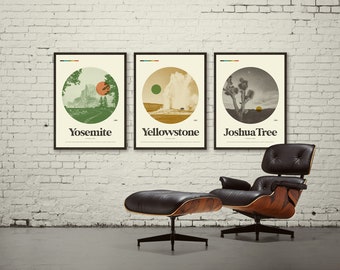 NATIONAL PARK Posters - YOSEMITE, Yellowstone, Joshua Tree Art Print Poster Set, 18x24 Lithograph, MidCentury Modern, Minimalist, Half Dome