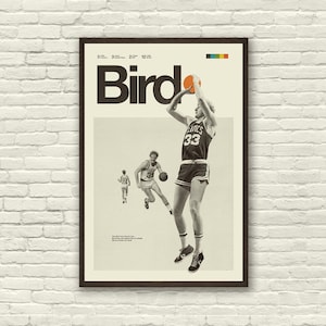 Poster ispirato a LARRY BIRD, stampa artistica - minimalista, Helvetica, moderno di metà secolo, bianco e nero, arancione, svizzero, poster, ufficio