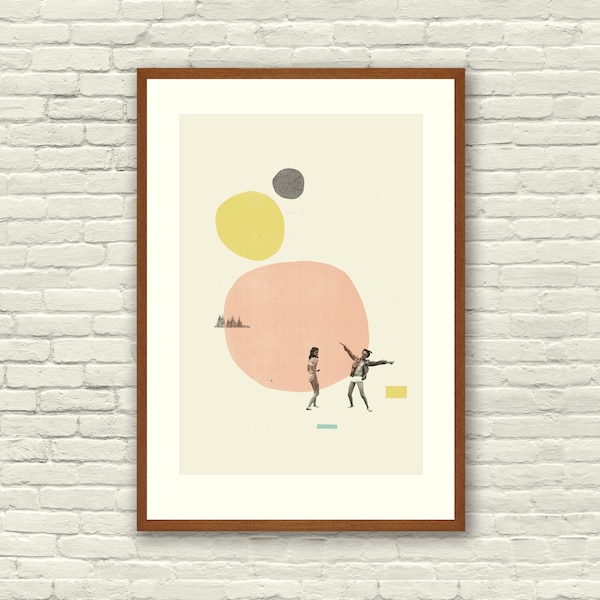 MOONRISE KINGDOM Wes Anderson Inspired Poster, Art Print - Abstract Minimalist Shapes, Collage, Cut Paper, Mustard, Salmon, Fine Art
