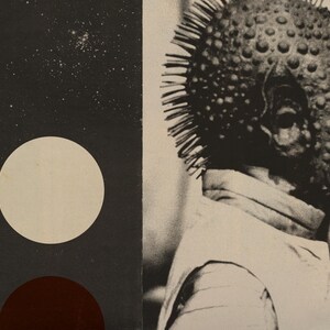 May include: Black and white art print featuring a creature with a textured head and spiky protrusions. The artwork includes a dark background with a starry sky and two circles, one white and one dark red.
