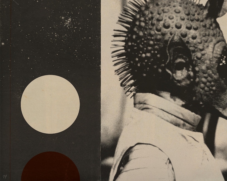 May include: Black and white art print featuring a creature with a textured head and spiky protrusions. The artwork includes a dark background with a starry sky and two circles, one white and one dark red.