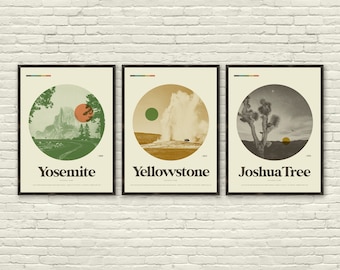 NATIONAL PARK Posters - YOSEMITE, Yellowstone, Joshua Tree Art Print Poster Set, 18x24 Lithograph, MidCentury Modern, Swiss, Half Dome