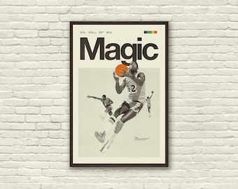 MAGIC JOHNSON Inspired Poster, Art Print - Minimalist, Helvetica, Mid-Century Modern, Black and White, Orange, Swiss, Poster, Office