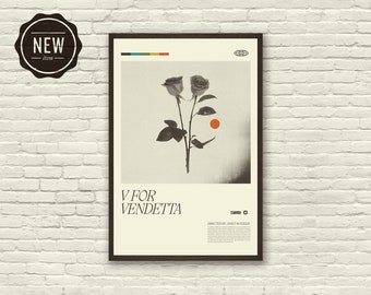 V FOR VENDETTA Inspired Poster, Natalie Portman, Guy Fawkes Art Print - Mid-Century Modern, Black and white, Swiss, Poster