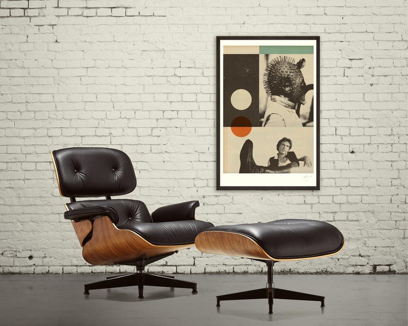 May include: A black leather armchair and ottoman set with a wooden frame and a black metal base. A framed art print hangs on the white brick wall behind the furniture. The art print features a collage of images and geometric shapes.
