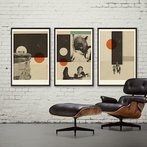 May include: Three framed art prints with abstract and collage designs. Each print features a black frame, with a combination of geometric shapes, photographic elements, and a muted color palette of beige, black, and orange. A black leather chair and ottoman are in the foreground.