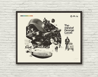 Plakat filmowy inspirowany GWIEZDNYMI WOJNAMI George'em Lucasem – minimalistyczny, montaż, styl mid-century modern, styl vintage, dom retro, czarno-biały