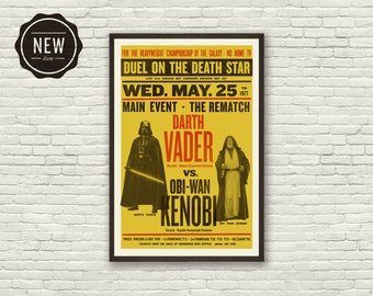 VADER vs KENOBI, inspirado en Star Wars, cartel de lucha de boxeo vintage, impresión de arte - xilografía, tipografía, amarillo, rojo