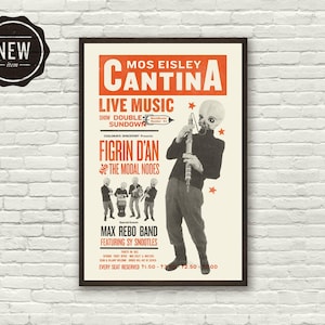 CANTINA BAND, Mos Eisley, Figrin D'an, inspiré de Star Wars, affiche, impression d'art - vintage, gravure sur bois, typographie, musique, rouge