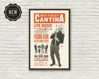 CANTINA BAND, Mos Eisley, Figrin D'an, Star Wars geïnspireerd, poster, Art Print - vintage, houtsnede, boekdruk, muziek, rood