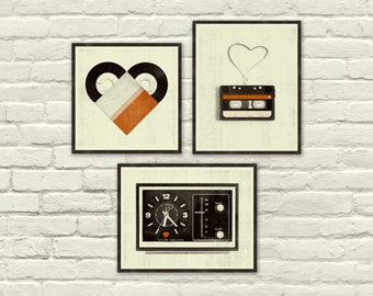 VINTAGE MUSIC LOVE, Valentines Day, Posters - Art Prints, Heart, Cassette Tape, Vinyl, Clock, Radio, Music, Nursery, Hipster