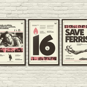 JOHN HUGHES Inspired Poster Series, The Breakfast Club, Sixteen Candles, Ferris Bueller&#39;s Day Off, Art Print - Pink, Black White
