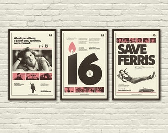 JOHN HUGHES Inspired Poster Series, The Breakfast Club, Sixteen Candles, Ferris Bueller's Day Off, Art Print - Pink, Black White