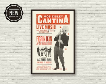 CANTINA BAND, Mos Eisley, Figrin D'an, Star Wars Inspired, Poster, Art Print - Vintage, Woodblock, Letterpress, Music, Red
