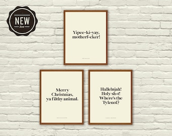 CHRISTMAS Movie Quotes Inspired Prints, Die Hard, Home Alone, Christmas Vacation, 8 x 10, Mid-Century Modern, Black and white, Swiss