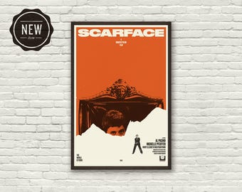 SCARFACE, Al Pacino Inspired, Movie Poster, Art Print - black and white, red-orange, Mid-century Modern