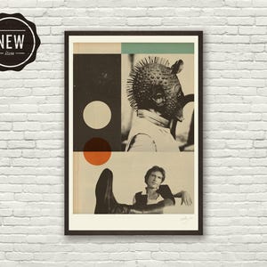 May include: Framed art print featuring a collage of black and white images and geometric shapes. The artwork includes a character with a textured mask, a figure in a jacket, and circular and rectangular elements. A "NEW item" sticker is in the upper left corner.