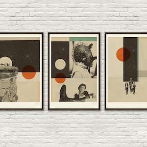 May include: Set of three framed art prints. Each print features a collage design with geometric shapes, figures, and a muted color palette of beige, black, and orange. The prints are displayed against a white brick wall.