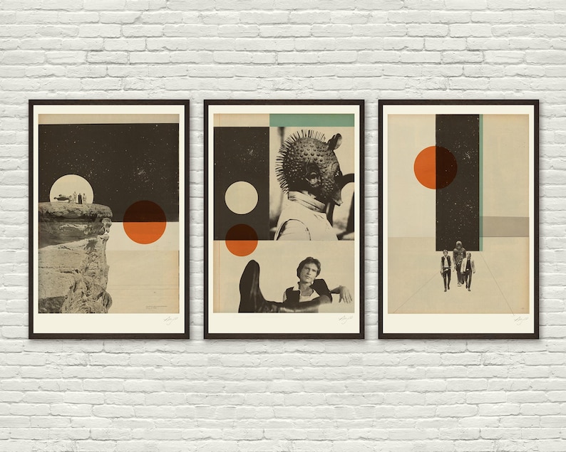 May include: Set of three framed art prints. Each print features a collage design with geometric shapes, figures, and a muted color palette of beige, black, and orange. The prints are displayed against a white brick wall.
