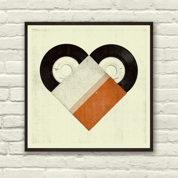 VINTAGE VINYL LOVE - Art Print, Poster, Heart, Music, Nursery, Boutique, Hipster, Vintage Style, Retro Home