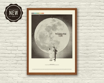 IT'S A WONDERFUL LIFE Inspired Poster, Art Print - 18 x 24 Minimalist, Mid-Century Modern, moon, family, Christmas