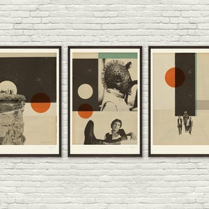 May include: A set of three framed art prints. Each print features a collage design with geometric shapes, figures, and a muted colour palette of beige, black, and orange. The prints are displayed against a white brick wall.