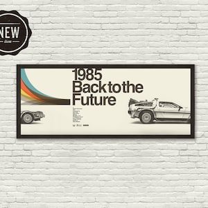 Op de afbeelding: Een ingelijste poster met de tekst "1985 Back to the Future" en een illustratie van een DeLorean-auto. De poster heeft een crèmekleurige achtergrond en een zwarte lijst. Een "NEW item" sticker is zichtbaar.