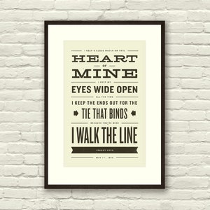 JOHNNY CASH Inspired, Walk The Line Lyric Poster 11 x17 Typography Art Print, Modern Poster, Retro Home, Vintage, Country Music image 1