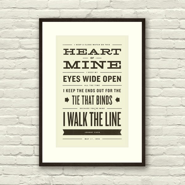 JOHNNY CASH Inspired, Walk The Line Lyric Poster - 11 x17 Typography Art Print, Modern Poster, Retro Home, Vintage, Country Music