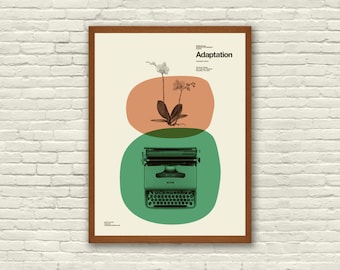 Aanpassing - Spike Jonze-poster, Nicolas Cage, Meryl Streep, 18 x 24 kunstprint, midden van de eeuw modern, vintage typemachine, koraal