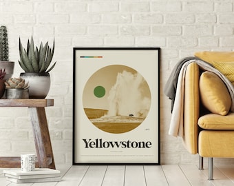 NATIONAL PARK Poster - YELLOWSTONE Art Print Poster, 18x24 Lithograph, MidCentury Modern, Minimalist, Swiss, Bison, Old Faithful
