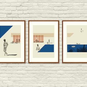 Mid Century Modern, Eichler - Andrew McMahon in the Wilderness, Lithograph Triptych Poster Set, California, swimming pool, cobalt