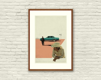 NO COUNTRY For Old Men - Coen Brothers Inspired Poster, Art Print - Abstract Minimalist Shapes, Collage, Cut Paper, Coral, Salmon