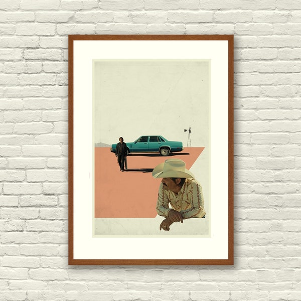 NO COUNTRY For Old Men - Coen Brothers Inspired Poster, Art Print - Abstract Minimalist Shapes, Collage, Cut Paper, Coral, Salmon