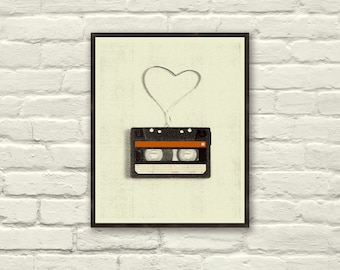 VINTAGE CASSETTE LOVE - Art Print, Poster, Heart, Music, Nursery, Boutique, Hipster, Vintage Style, Retro Home