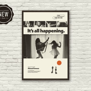 ALMOST FAMOUS, póster inspirado en Cameron Crowe, impresión artística, blanco y negro, rojo anaranjado, estilo moderno de mediados de siglo, música