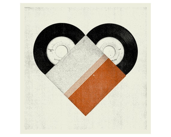 VINTAGE VINYL LOVE - Art Print, Poster, Heart, Music, Nursery