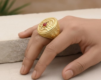 Brass Third Eye Signet Ring | Shiva Lingam Style with Red Stone | Spiritual Indian Tribal Jewellery | Meditation Chakra Men's Ring