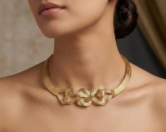 Gold Wire Wrapped Love Knot Collar Necklace | Celtic Knot Statement Choker | Handcrafted Multi-Strand Torque Necklace | Artistic Gold