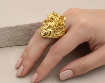 Brass Medusa Head Ring | Bold Mythological Statement Jewelry | Solid Greek Goddess Serpent Ring | Men's Biker Gothic Accessory
