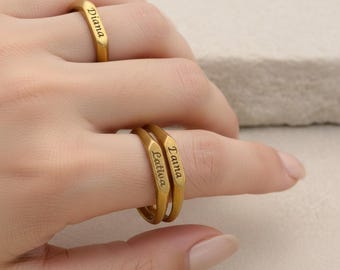 Personalized Bar Signet Ring, Custom Engraved Name Ring in Brass, Stacking Nameplate Jewellery, Gold Tone Gift for Her, Custom Word Band