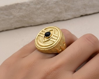 Men's Bold Brass All Seeing Eye Signet Ring, Third Eye Protection Jewelry, Black Stone Statement Ring, Occult Symbol Gift