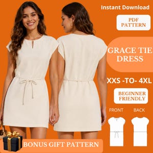 Op de afbeelding: Een crèmekleurige jurk met korte mouwen, een split bij de hals en een strikceintuur in de taille. De afbeelding toont de voor- en achterkant van de jurk, met de tekst Instant Download, PDF PATTERN, GRACE TIE DRESS, XXS-TO-4XL en BEGINNER FRIENDLY.