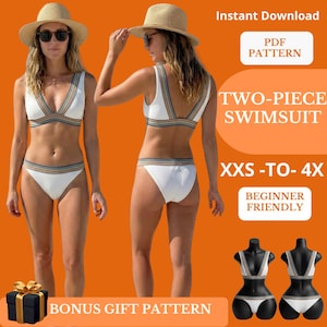May include: A white two-piece swimsuit with a ribbed texture and multi-colored striped trim on the straps and waistband. The set includes a bikini top and bottom, shown on a model and two mannequins, with text reading Instant Download PDF PATTERN.