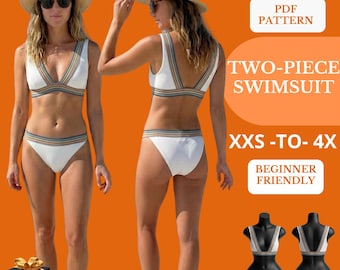 Patrón de costura en PDF para traje de baño de dos piezas, patrón de bikini, traje de baño con escote en V profundo, tallas XXS-4X