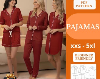 Bridesmaid Pajamas Sewing Pattern | 3-in-1 Sleepwear Set PDF